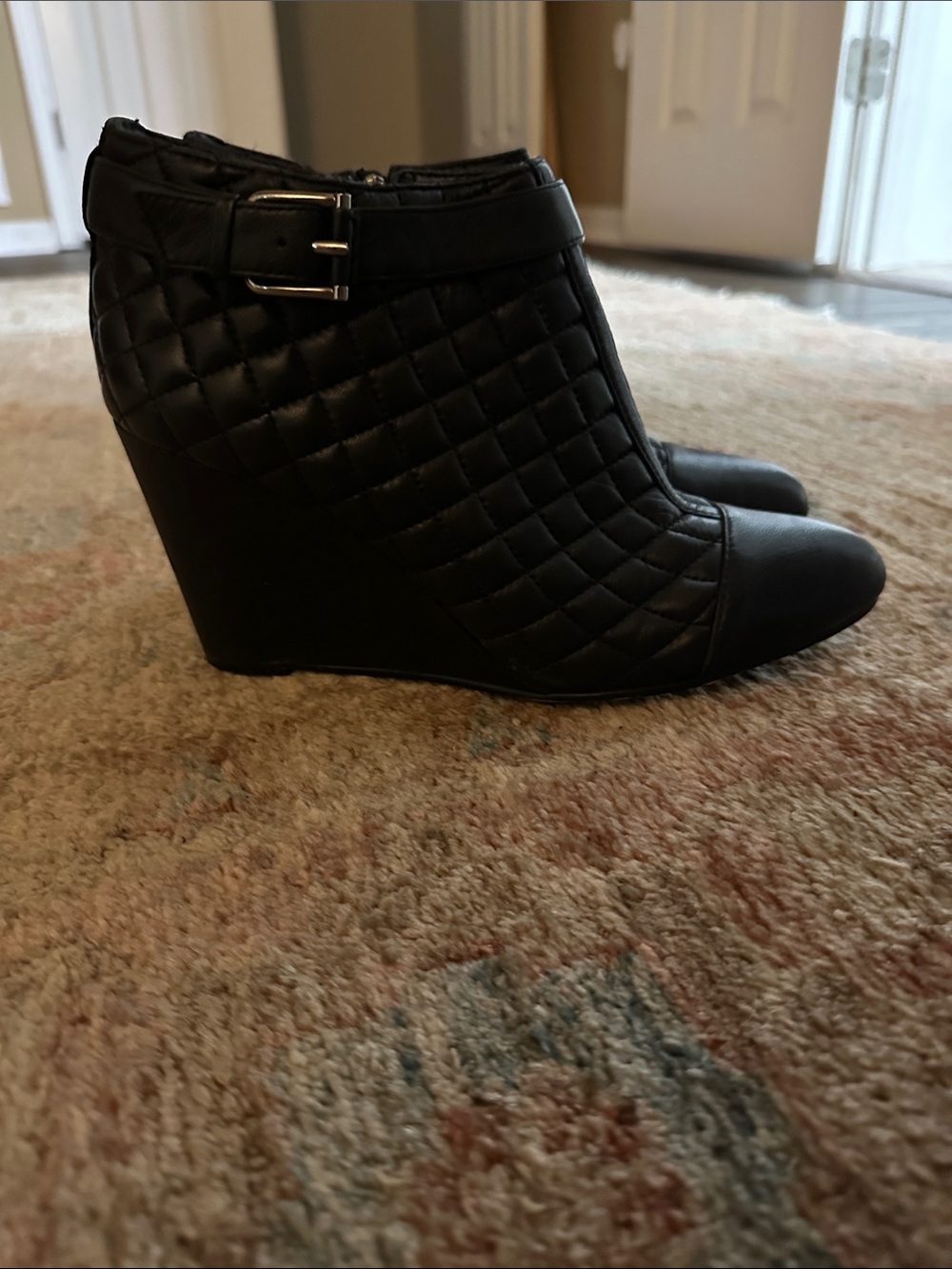 Vince Camuto Black Quilted Wedge Ankle Bootie with Buckle